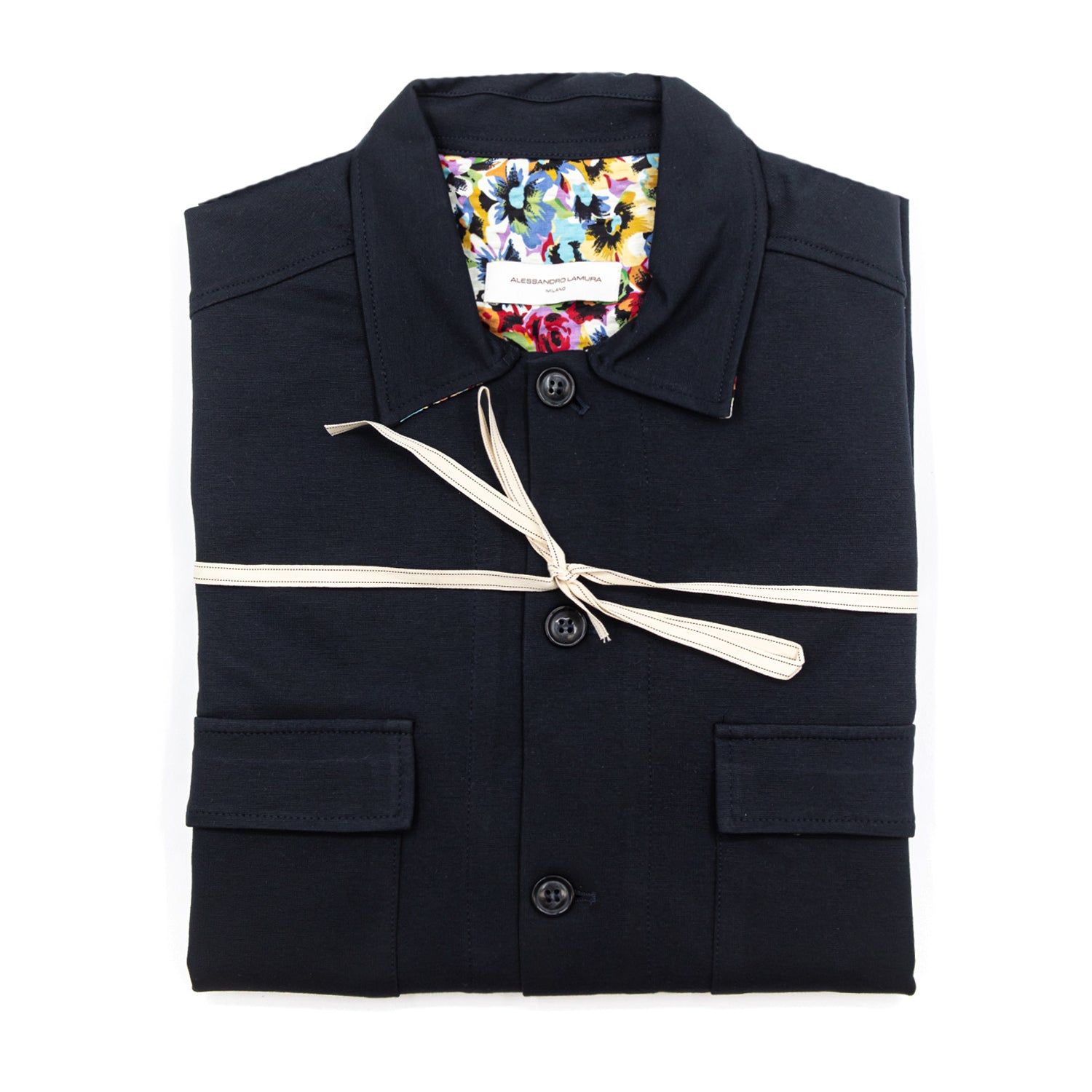 alessandro-lamura-giacca-camicia-blu-notte-herren-overshirt-mit-blumen-innenfutt image 2