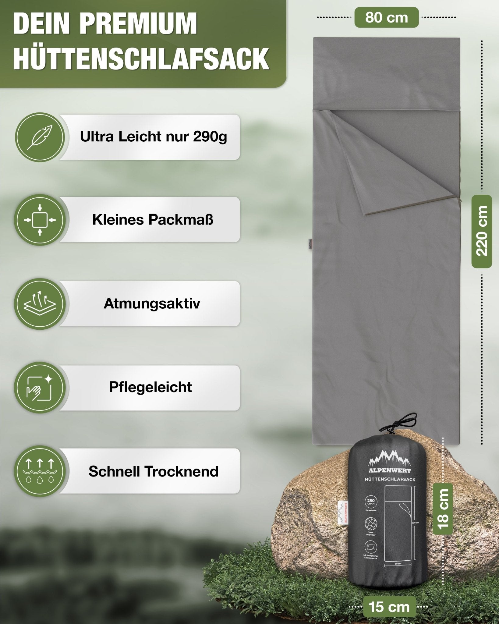 alpenwert-h-ttenschlafsack-mikrofaser-280-g-mit-packsack-220-x-80-cm image 2